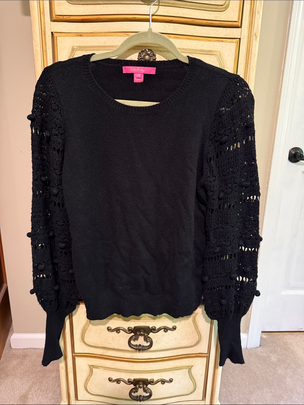 Lilly Pulitzer Lanetta Sweater Black Open-Knit Puff Sleeve Sweater size M